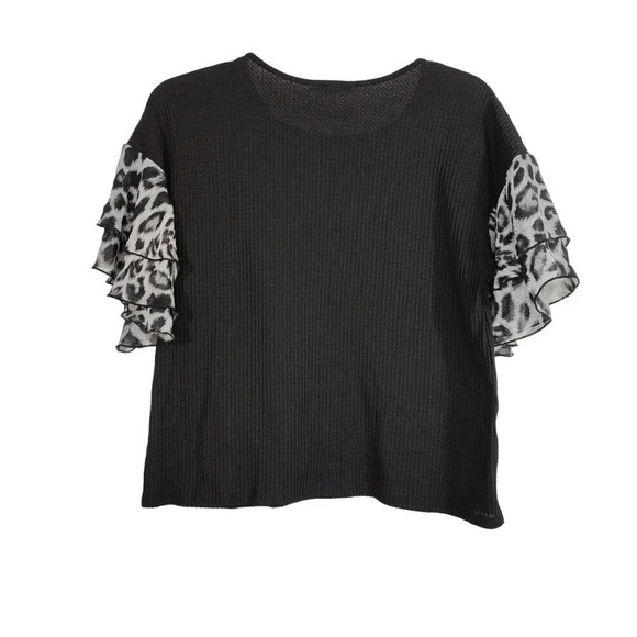 Blue Brand Black Thermal Waffle Knit Top Women Size L Flutter Animal Print Slv - Picture 4 of 4